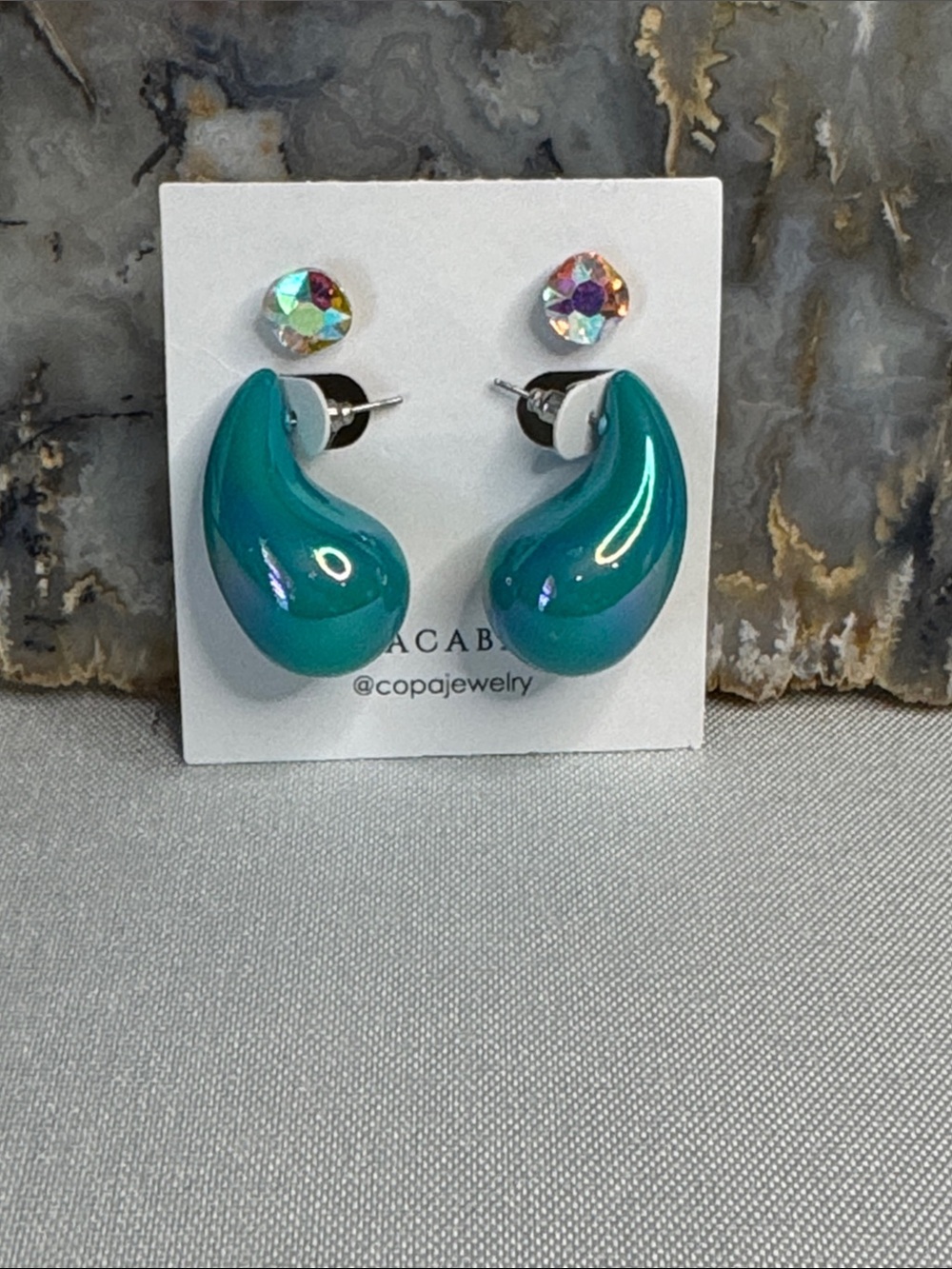 Teal Sculpted Drop Earrings with Aurora Crystal Studs